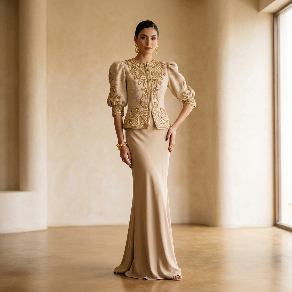 Mujer elegante vistiendo atuendo sofisticado de Larra